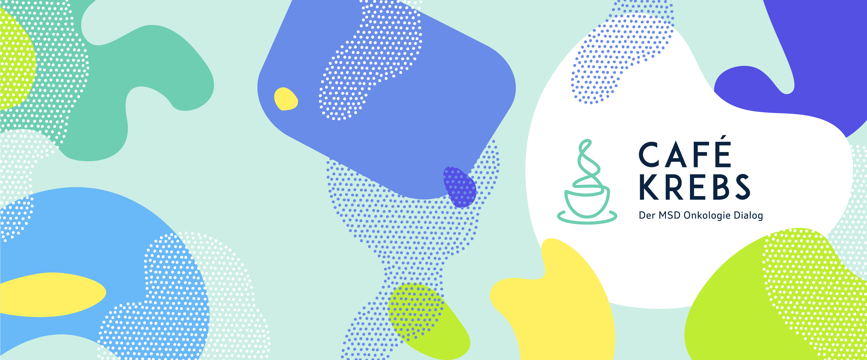 Titelbild von Café krebs mit bunten Kreisornamenten und illustrierter Kaffeetasse