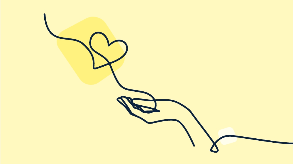 illustrierte Hand über der ein Herz schwebt in gelb