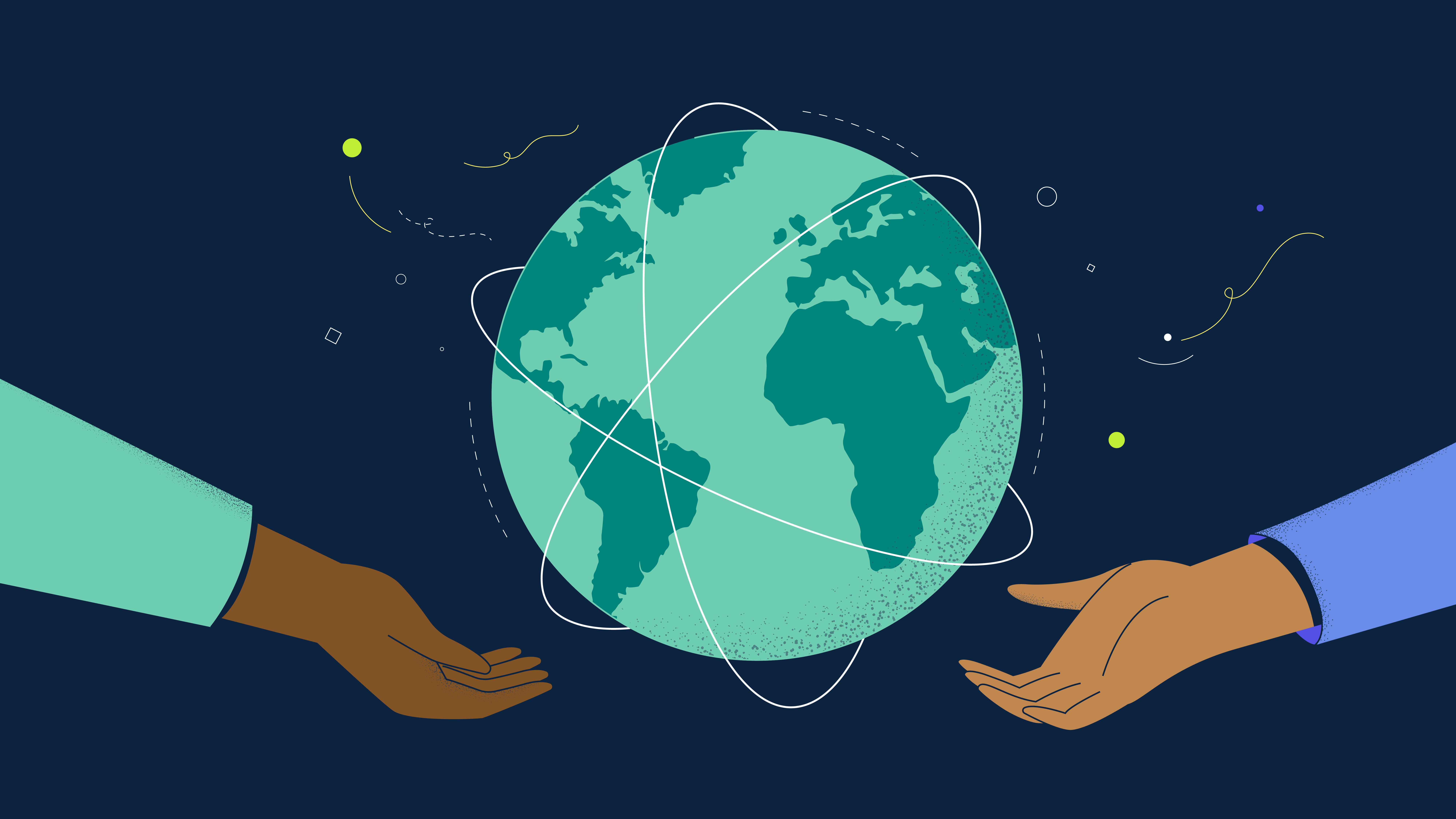 Eine Illustration zum Thema Migration auf der zwei Hände abgebildet sind, die eine Weltkugel halten.
