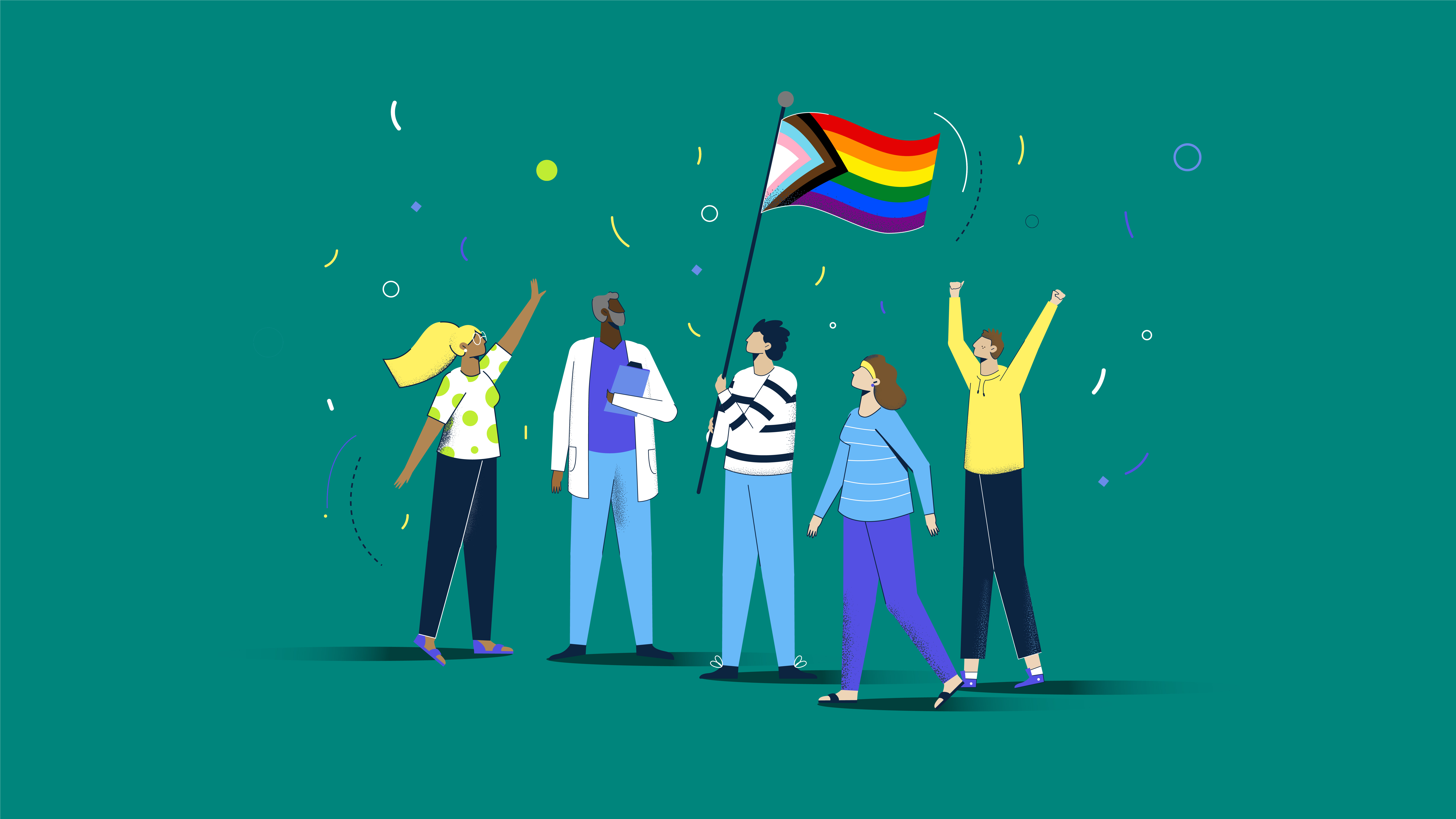 Eine Illustration zum Thema CSD - Unser Einsatz für Equality geht weiter, auf der Menschen in einer Gruppe zusammenstehen und die Pride Flagge halten.